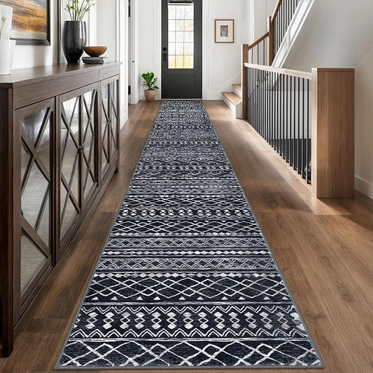KUTA Long Hallway Runner Rug 2.6x18 Non-Slip Washable, Moroccan Vintage Black Boho Kitchen Rugs Ultra Soft Distressed Geometric Floor Carpet Runners for Bedroom Laundry Stairway Entryway