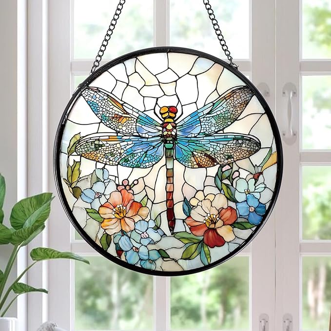 Dragonfly and Flower Stained Glass Window Hanging Gifts, 7.8″ Sun Catchers for Indoor Window Decor, Decorative Sun Catchers Home Wall Art Gift for Thanksgiving Christmas Housewarming
