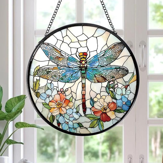 Dragonfly and Flower Stained Glass Window Hanging Gifts, 7.8″ Sun Catchers for Indoor Window Decor, Decorative Sun Catchers Home Wall Art Gift for Thanksgiving Christmas Housewarming