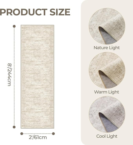 Rug Runners for Hallways Non Slip - 2x8 Runner Rug for Bedroom, Washable Runner with Rubber Backing, Soft Low-Pile Carpet for Kitchen, Laundry, Bathroom (2'x8', Beige/Ivory)