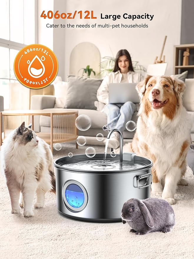 Dog Water Fountain for Large Dogs, 3.2Gal/406oz/12L Stainless Steel Dog Water Fountain, Quiet Dog Water Bowl Dispenser with Visible Window for Multi-pet Home, Includes 7 Filters Set