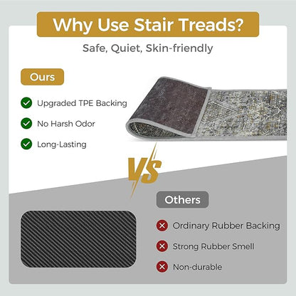 Non Slip Stair Treads for Wooden Steps 15PCS - 8"x30" Indoor Safety Carpet, Edging Mats with TPE Adhesive Backing, Pet and Elderly Friendly Stair Rugs (Charcoal&Gray)