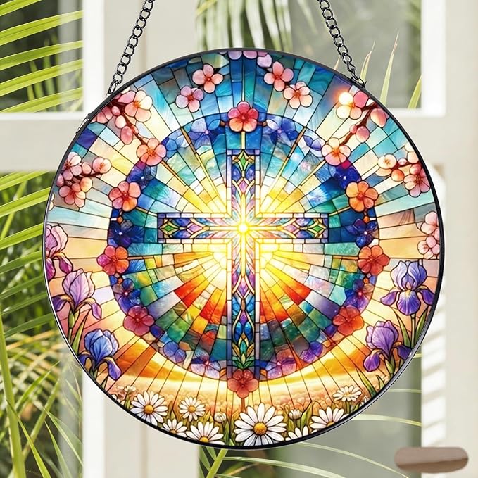 Stained Glass Window Hanging, 7.8″ Cross and Flower Sun Catchers with Hook Indoor Window Decor, Decorative Suncatchers Hanging Ornaments Home Garden Art Gift for Housewarming