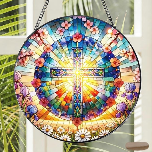 Stained Glass Window Hanging, 7.8″ Cross and Flower Sun Catchers with Hook Indoor Window Decor, Decorative Suncatchers Hanging Ornaments Home Garden Art Gift for Housewarming