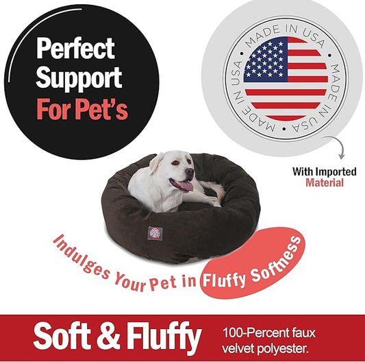 Majestic Pet 40 Inch Micro Velvet Calming Dog Bed Washable – Cozy Soft Round Dog Bed with Spine for Head Support - Fluffy Donut Puppy Mat 40x29x9 (inch) Large – Storm (2025)