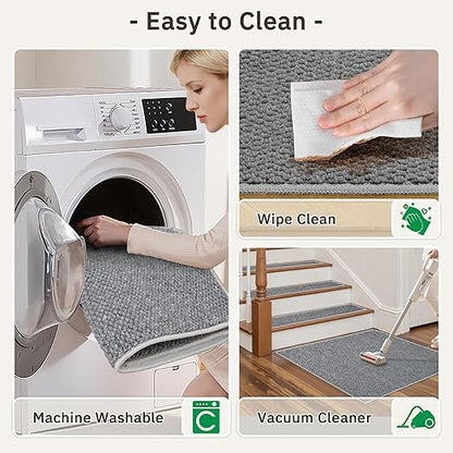 Carpet Stair Treads Non Slip - 28 Pack 8" x 30" Peel and Stick Stairs Tread for Wooden Steps Washable Stair Runners Rug Stain Resistant Edging Staircase Mat for Kids and Dogs(28pc, Grey)