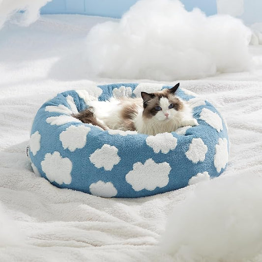 Lesure Shown on TV Donut Cat Beds for Indoor Cats - Small Round Dog Bed for Calming Pets as Gift with Washable Cover, Cute Modern Puppy Bed with Jacquard Shaggy Plush & Anti Slip Bottom, 20 Inch, Blue
