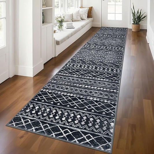 KUTA Hallway Runner Rug 2.6x12 Non-Slip Washable, Moroccan Vintage Black Boho Long Kitchen Rug Ultra Soft Distressed Geometric Floor Carpet Runners for Bedroom Laundry Stairway Entryway