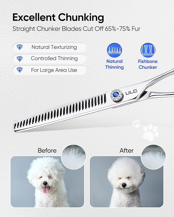ULG Straight Chunker Dog Shears for Grooming, 7 Inch Professional Straight Chunker Dog Grooming Scissors for Thinning and Cutting, 65%-75% Rate 440C Stainless Steel Pet Hair Scissors