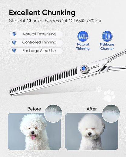 ULG Straight Chunker Dog Shears for Grooming, 7 Inch Professional Straight Chunker Dog Grooming Scissors for Thinning and Cutting, 65%-75% Rate 440C Stainless Steel Pet Hair Scissors