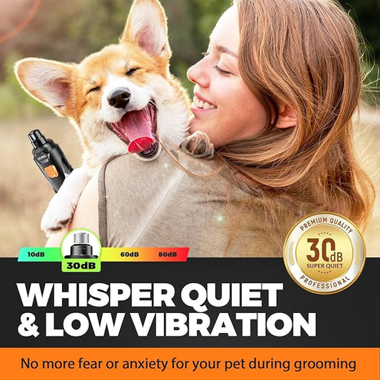 Whisper Quiet Dog Nail Grinder with 4 LED Lights, Safe & Stress-Free for Sensitive Dogs Cats of All Breeds & Sizes, 3 Grinding Bits, 3-Speed, Pet Nail Trimmers, Rechargeable Painless Grooming Kit