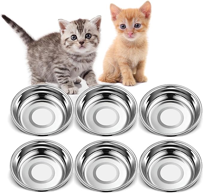 6 PCS Thickened Stainless Steel Cat Bowls, 5.5 Inch Shallow Wide Flat Metal Kitten Food Bowls, Whisker Friendly Fatigue Relief Replacement Basic Pet Dishes for Indoor Cats