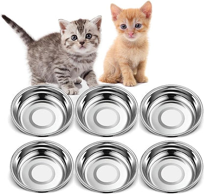 6 PCS Thickened Stainless Steel Cat Bowls, 5.5 Inch Shallow Wide Flat Metal Kitten Food Bowls, Whisker Friendly Fatigue Relief Replacement Basic Pet Dishes for Indoor Cats