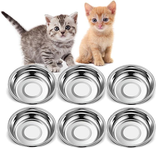 6 PCS Thickened Stainless Steel Cat Bowls, 5.5 Inch Shallow Wide Flat Metal Kitten Food Bowls, Whisker Friendly Fatigue Relief Replacement Basic Pet Dishes for Indoor Cats