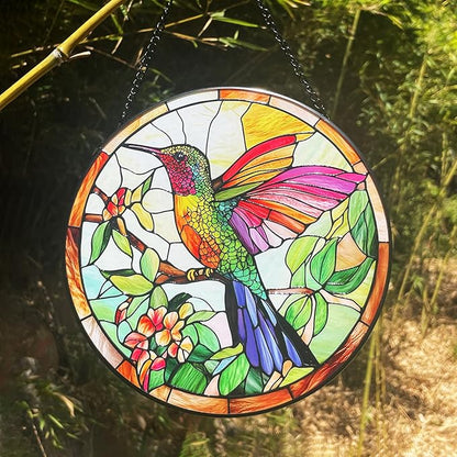 Stained Glass Hummingbird Suncatcher, Colorful Bird Suncatcher Glass Panel for Window Hanging, Unique Gift for Bird Lovers, Women, Mom, Grandma, 7.8 Inch