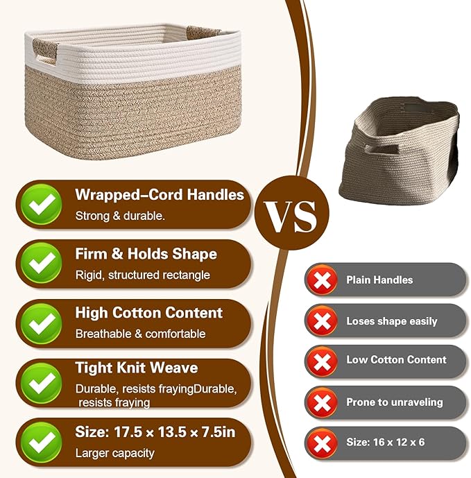 4 Pack Large Storage Basket for Organizing, 17.5"x13"x7" Woven Basket for Shelves, Closet Cube Storage Bins with Wrapped Handle, Cotton Rope Baskets for Kitchen, Clothes, Toys(Off White & Brown)