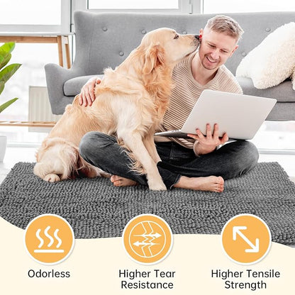 Absorbent Dog Door Mat for Muddy Paws, 60" x 48" Chenille Indoor Mats for Entryway, Trap Dirt Front Door Mat Indoor Entrance Washable Non Slip Soft Light Grey