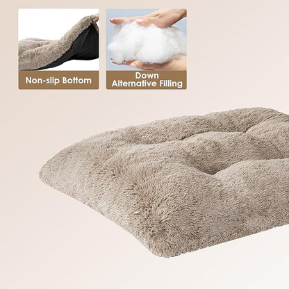 EHEYCIGA Fluffy Dog Crate Bed for Large Dogs, Plush Faux Fur Crate Pad, Calming Anti Anxiety Large Dog Bed, Washable Soft Warm Mat with Non-Slip Bottom, Taupe