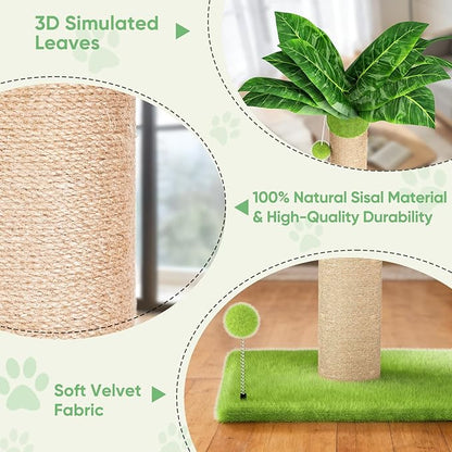 XiaZ Cat Scratching Post 34'' Tall, Cat Tower Scratcher Extra Wide 15.8" Stable Base with 4 Non-Slip Pads, 2 Toy Balls, Natural Sisal & Plush Fabric for Small Medium Large Cats (Green, 4.5in)