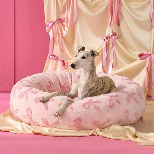 LE SURE Shown on TV Donut Large Dog Beds - Round Cat Beds Indoor Anti-Anxiety Calming Gift for Pets, Washable Home Decor Cute Beds with Jacquard Shaggy Plush & Anti Slip Bottom, 36 Inch, Pink Taffy