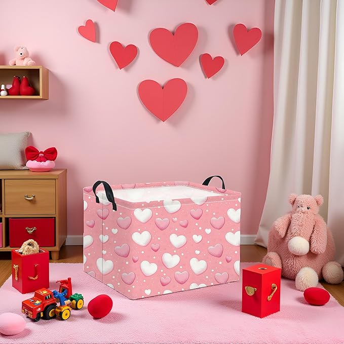 Rectangular Heart Basket Kids Baby Girls Basket Cute Toy Storage Bin Organizer Shelf Book Love Room Decor(Pink Light Heart)