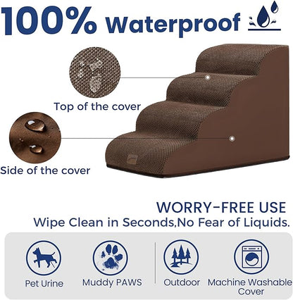gogobunny Ramp Cat Dog Stairs for Beds, Cat Slope Stairs with Durable Waterproof Fabric Cover, Pet Steps for Old Large Dogs Climbing (Brown, 4-Step (28.3" D x 15.7" W x 19.7" H), 4)