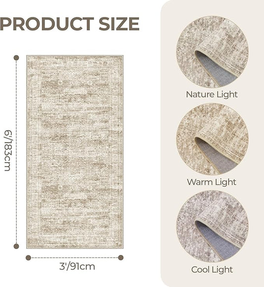 3x6 Runner Rug Non Slip, Thin Entryway Washable Rug for Entryway, Runners for Hallways, Low Pile Vintage Abstract Soft Rugs for Living Room, Kitchen, Bedroom(3'x6', Brown/Ivory)