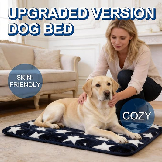 Washable Dog Bed Mat With Anti-Slip Bottom, Deluxe Plush Memory Foam Crate Pad & Waterproof Outdoor Kennel Mat For Dogs & Cats-Durable Crates Beds, Large Medium Small Puppy Size 30" x 20",Blue