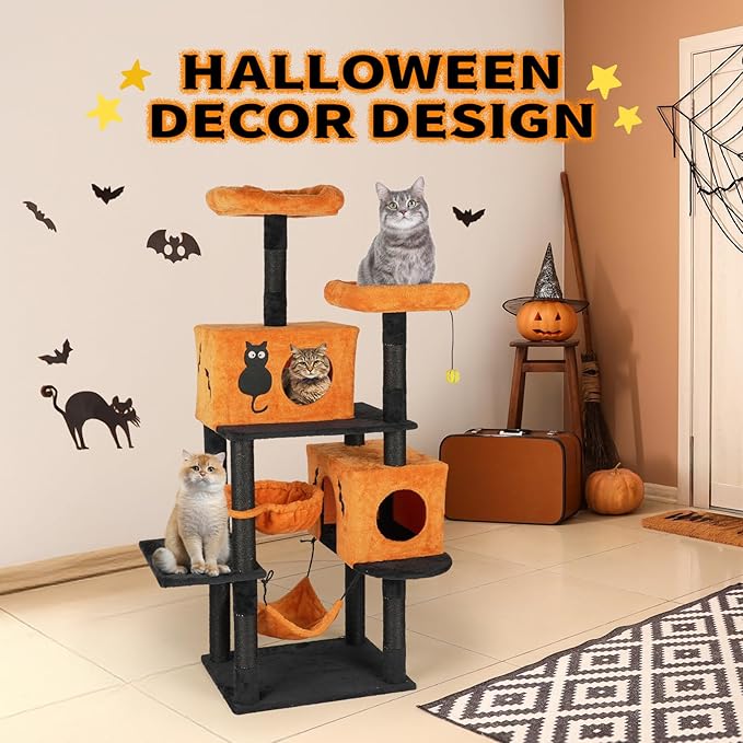 VINGLI 61.1in Halloween Cat Tree, Large Cat Tower with 2 Cat Condos, 2 Padded Perches, 2 Hammocks, Scratching Posts & Hanging Toy, Black & Orange Multi-Level Cat Furniture for Large Cats