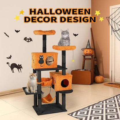 VINGLI 61.1in Halloween Cat Tree, Large Cat Tower with 2 Cat Condos, 2 Padded Perches, 2 Hammocks, Scratching Posts & Hanging Toy, Black & Orange Multi-Level Cat Furniture for Large Cats