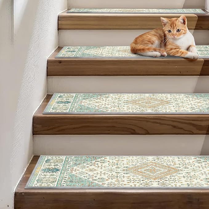 Non Slip Stair Treads for Wooden Steps 15PCS - 8"x30" Indoor Safety Carpet, Edging Mats with TPE Adhesive Backing, Pet and Elderly Friendly Stair Rugs (Green&Ivory)