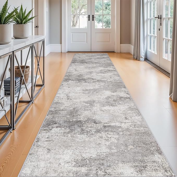 2'6x12 Extra Long Runner Rug : Washable Non-Slip Carpet for Hallway - Soft Kitchen Rugs Thin Low Pile Floor Mat for Bedroom Abstract Home Decor 2.6x12 Grey