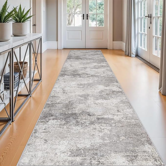 2'6x12 Extra Long Runner Rug : Washable Non-Slip Carpet for Hallway - Soft Kitchen Rugs Thin Low Pile Floor Mat for Bedroom Abstract Home Decor 2.6x12 Grey