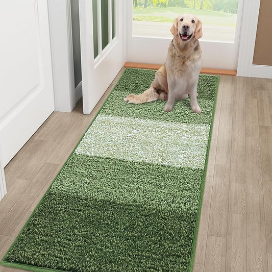 Smiry Dog Door Mat for Muddy Paws, Absorbs Moisture and Dirt, Low-Profile Entryway Mat with Non-Slip Backing, Entry Indoor Outdoor Doormat for Inside Floor (48x32 Inches, Green, Striped)