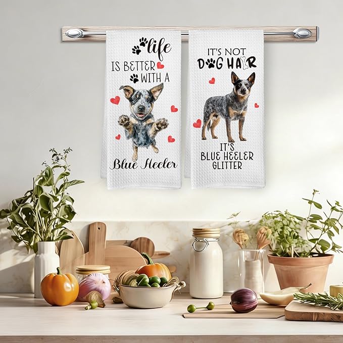 Blue Heeler Gifts Kitchen Towels Set of 2, Dog Funny Hand Towels for Kitchen Bathroom Decor, Blue Heeler for Women Dog Lovers Moms Owners Dishcloths Dish Towel 16X24 Inches
