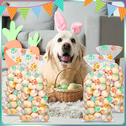 Blulu 100 Pieces Dog Treat Bags Puppy Party Favor Pet Paw Cone Cellophane Bags Candy Heat SealableDog Paw Gift with 100 Pieces Silver Twist Ties for Pet Cat Treat Party Favor (Spring Colors)