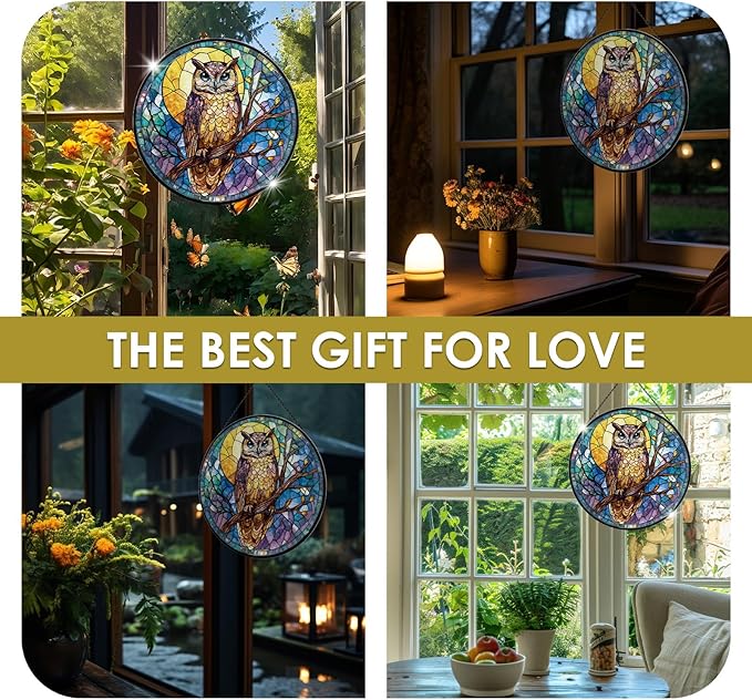 Owl Stained Glass Window Hanging, 7.9" Owl on a Branch Suncatcher for Window Doors Home Decoration, Owls Decor for Home, Mother's Day Christmas Birthday Gifts for Owls Lovers Women Men