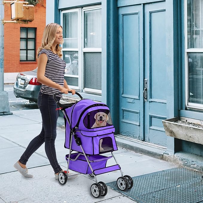 HHS Dog Strollers for Small Puppy Pet Stroller Dogs Cat 2, 4 Wheel Folding Travel Jogger Strolling Cart with Storage Basket, Cup Holder, Removable Liner, Purple, 17.5 (L) x 33 (W) x 38.6 (H) inches