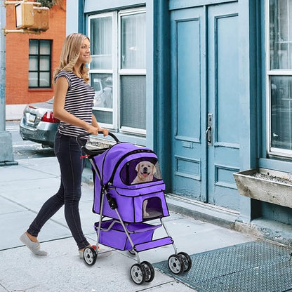 HHS Dog Strollers for Small Puppy Pet Stroller Dogs Cat 2, 4 Wheel Folding Travel Jogger Strolling Cart with Storage Basket, Cup Holder, Removable Liner, Purple, 17.5 (L) x 33 (W) x 38.6 (H) inches