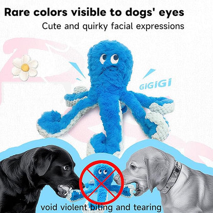 TRAVEYO Blue Octopus Dog Toys with Squeaker, Interactive Pet Toys for Dogs and Cats, Dog Treat Toys with Soft Rope Tentacles with Treat Hiding Pockets, 14.17 Inches