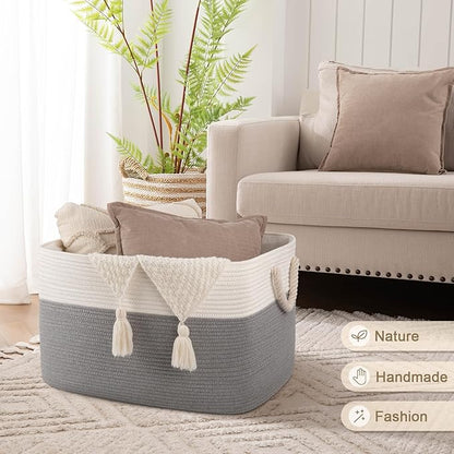 95L Extra Large Blanket Basket with Lid, 24" x 16.9" x 14.2" Woven Storage Basket for Living Room, Rectangle Nursery Blanket Storage for Toys, Towels, Dirty Clothes, Grey & White