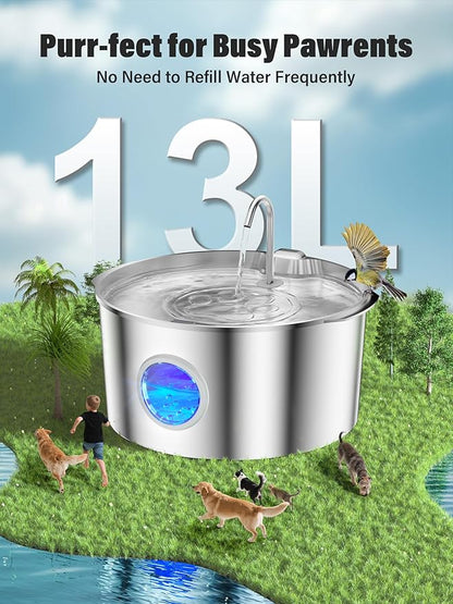 3.4Gal Dog Water Fountain for Large Dogs, Extra Large Stainless Steel Pet Water Fountain, Round Dog Water Bowl Dispenser with Metal Handle, Water Level Window for Multi Pet Home