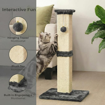 32" Tall Cat Scratching Post, Cat Scratcher with Heavy Duty Thick Wood Base, Cat Tower with Natural Sisal Rope and Hanging Ball, Plant-Like Design Scratching Post, for Small and Adult Kittens, Grey