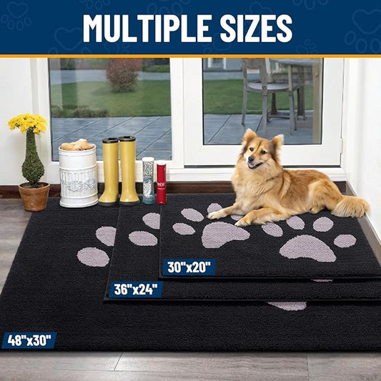 Smiry Dog Door Mat for Muddy Paws, Absorbs Moisture and Dirt, Low-Profile Entryway Mat with Non-Slip Backing, Entry Indoor Outdoor Doormat for Inside Floor (48x32 Inches, Black and Grey, Paw)