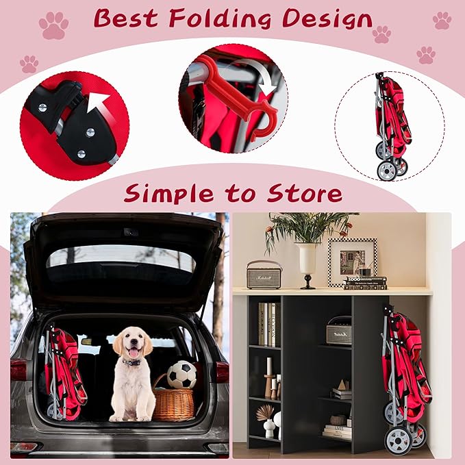 Pet Stroller for Small Medium Dogs & Cats,3-Wheel Breathable Compact Foldable Dog Carrier with Storage Basket, Outdoor Portable Lightweight Travel Stroller for Camping,Red