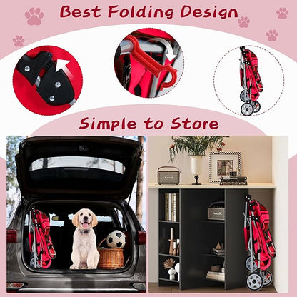 Pet Stroller for Small Medium Dogs & Cats,3-Wheel Breathable Compact Foldable Dog Carrier with Storage Basket, Outdoor Portable Lightweight Travel Stroller for Camping,Red