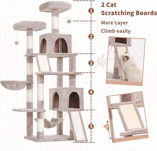Gitelsnour Cat Tree for Indoor Cats, 71'' (180cm) Multi-Level Cat Tower for Large Adult, Sturdy Cat Tree House with 2 Scratching Boards 7 Posts, 2 Plush Perches/Condos, Hammock, Muchroom GCT032MU