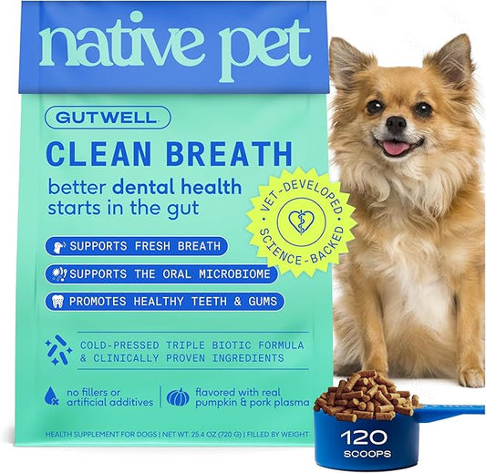 GutWell Clean Breath - Dog Breath Freshener & Dog Dental Powder - Teeth Cleaning to Reduce Plaque & Tartar - Promotes Fresh Breath with Targeted Triple-biotic Dental Care Blend - 120 Scoops
