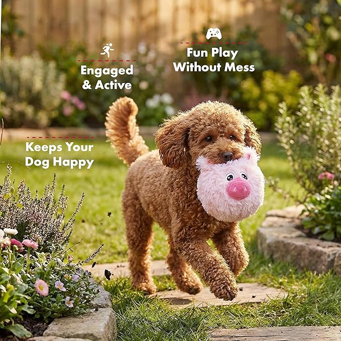 Pet Lou 4 Inch Squeaky Pig Dog Plush Toy, Stuffing-Free Soft Plush, Durable Bouncy Squeaker Ball, Floats in Water, for Small & Medium Dogs, Pink