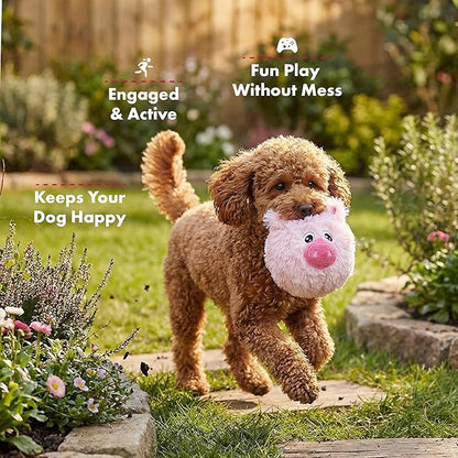 Pet Lou 4 Inch Squeaky Pig Dog Plush Toy, Stuffing-Free Soft Plush, Durable Bouncy Squeaker Ball, Floats in Water, for Small & Medium Dogs, Pink